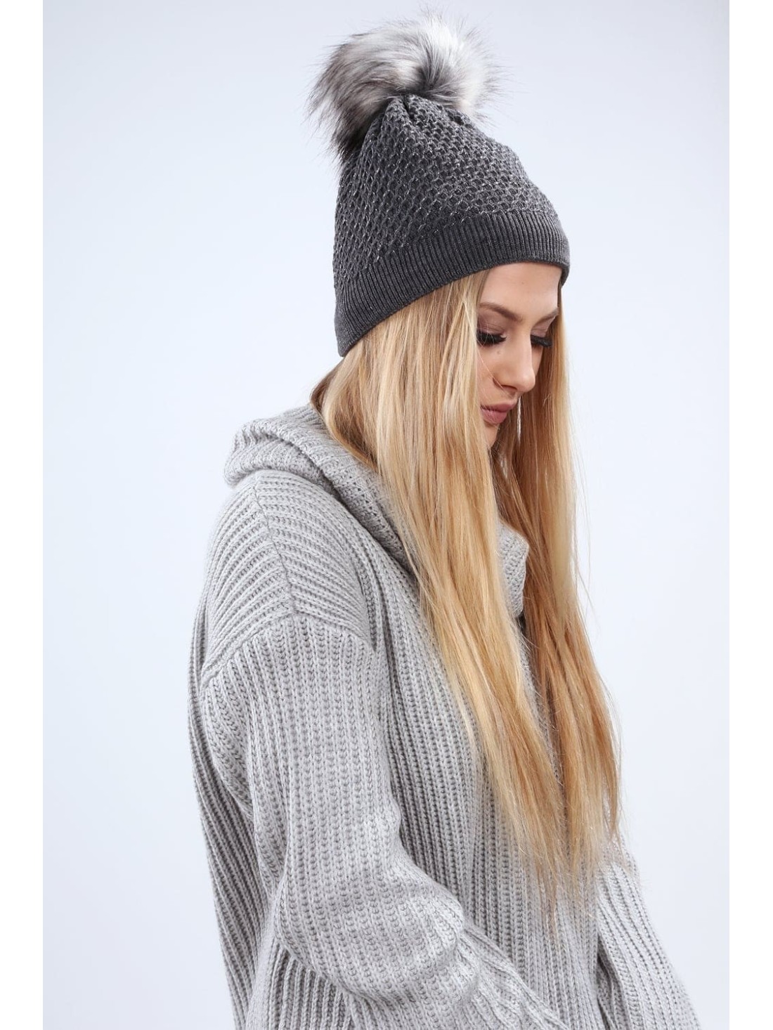 Graphite hat with silver thread for winter C16 - Online store - Boutique